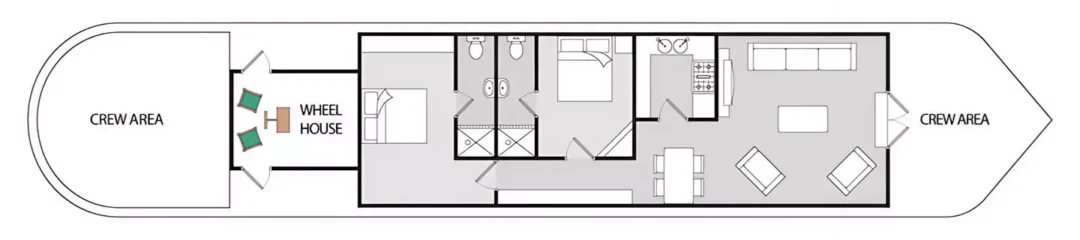 Crew area, wheel house, kitchen salon and dining area barge colibri floorplan